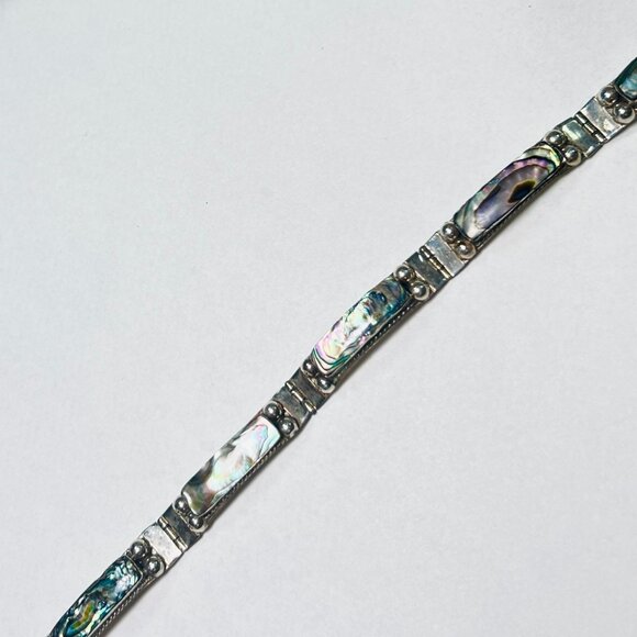 Vtg TAXCO Mexico LLA Abalone 925 Silver Link Bracelet 7" Boho Mexicana Nature 9g - Picture 1 of 7